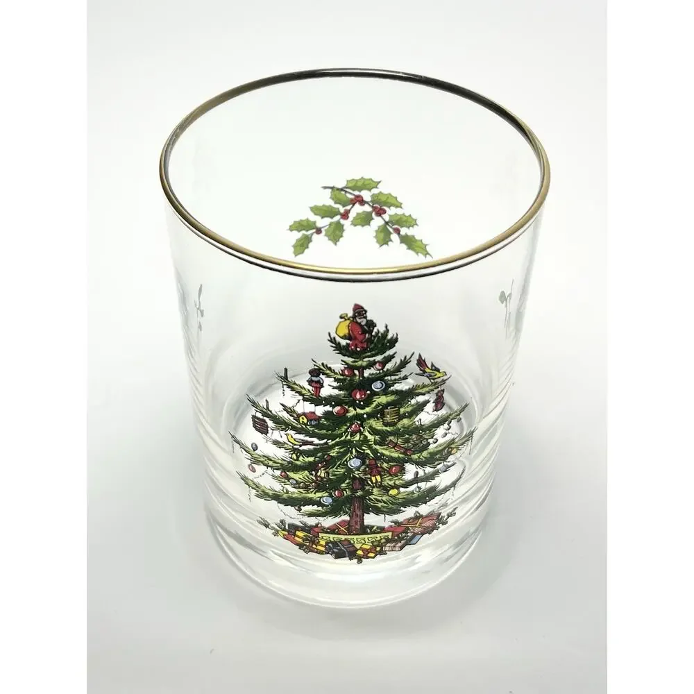 Spode “Christmas Tree” 3 Old Fashioned Tumbler Drinking Glasses 4 1/4” 14oz